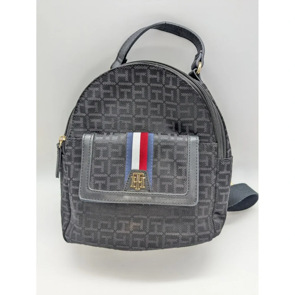 Tommy Hilfiger‎ Women's Black Monogram Jacquard Mini Backpack Gold Logo Stripe